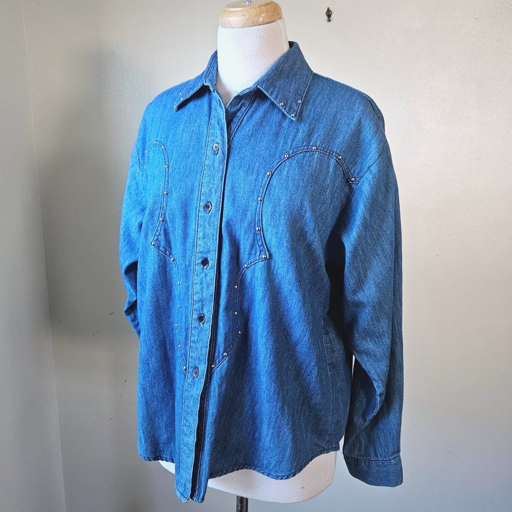 Vtg 90s Southcross Western Wear Cotton Denim Studded Button Shirt Womens M Texas